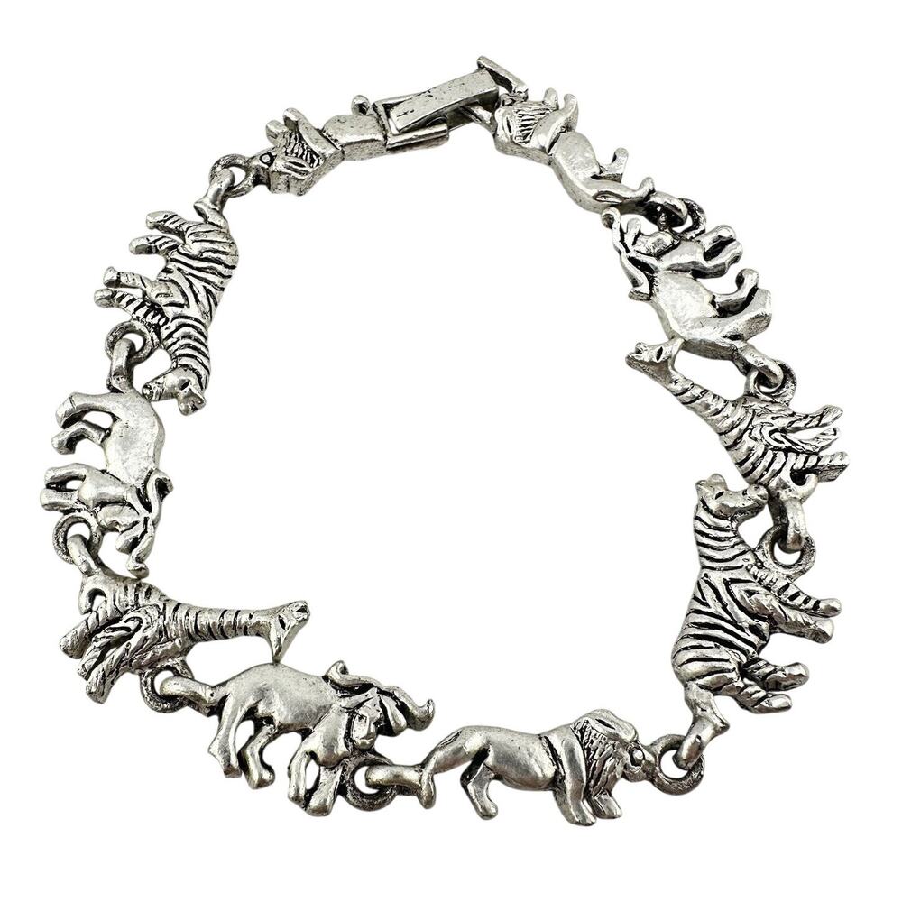 African Animals Lion Zebra Giraffe Buffalo Silver Tone Fashion 6.75” Bracelet